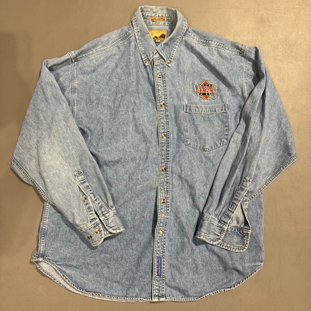 Vintage 90s Pete’s Wicked Ale Denim Shirt XL Made Hong Kong 25x31